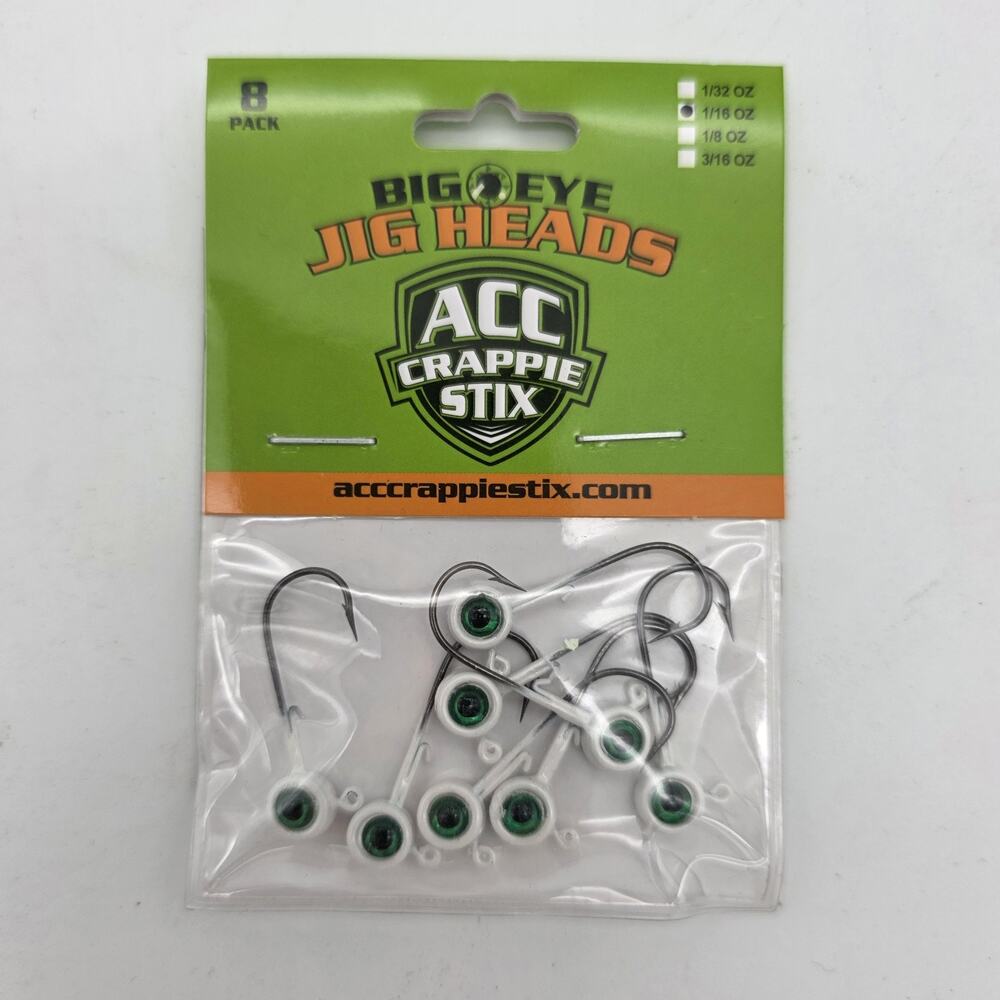 ACC Crappie Stix Big Eye Jig Heads 1/32 oz White Lot 6 Packs 48 Total